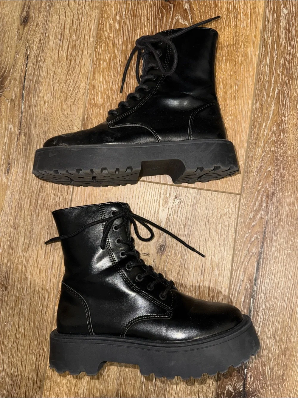 Zara Black Gloss Lace-Up Platform Moto Boots